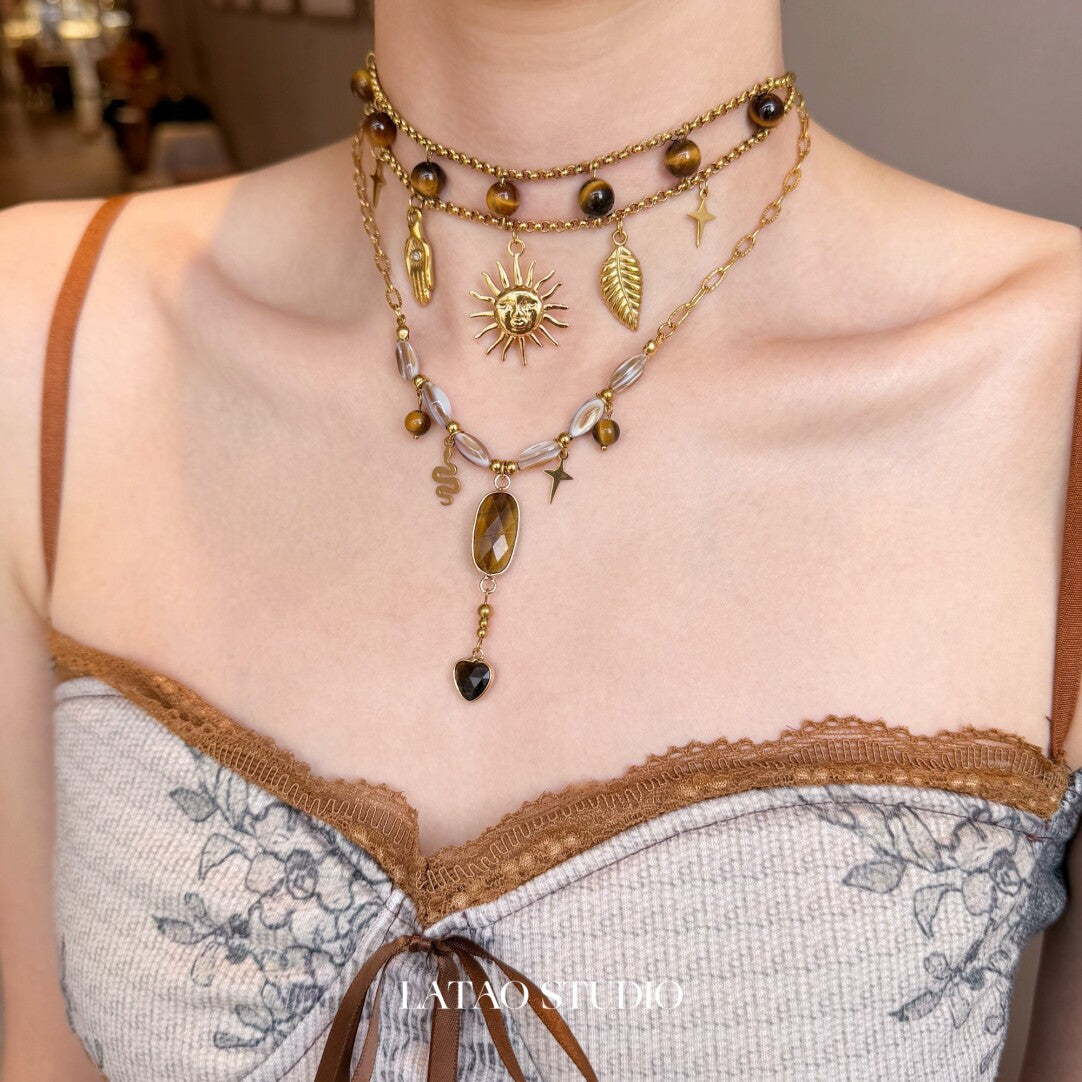 Amber Candy Sun Pendant Beaded Layered Necklace