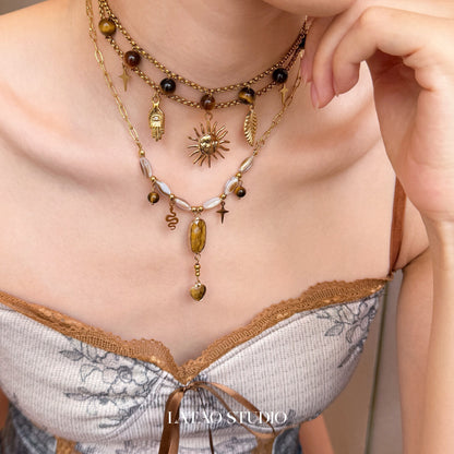 Amber Candy Sun Pendant Beaded Layered Necklace