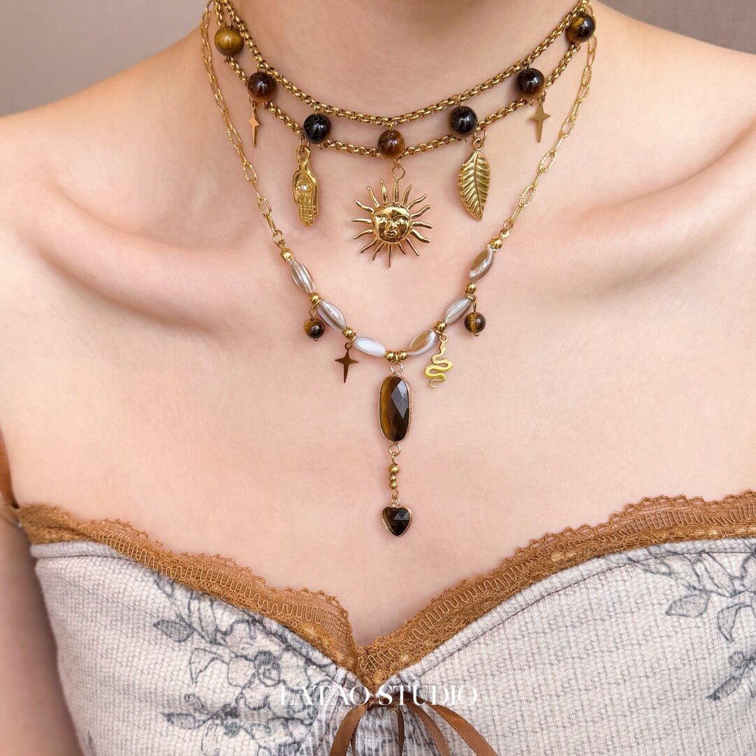 Amber Candy Sun Pendant Beaded Layered Necklace