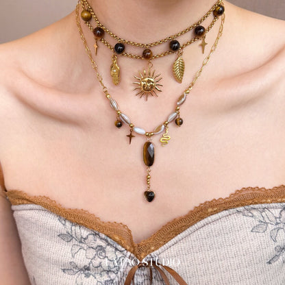 Amber Candy Sun Pendant Beaded Layered Necklace