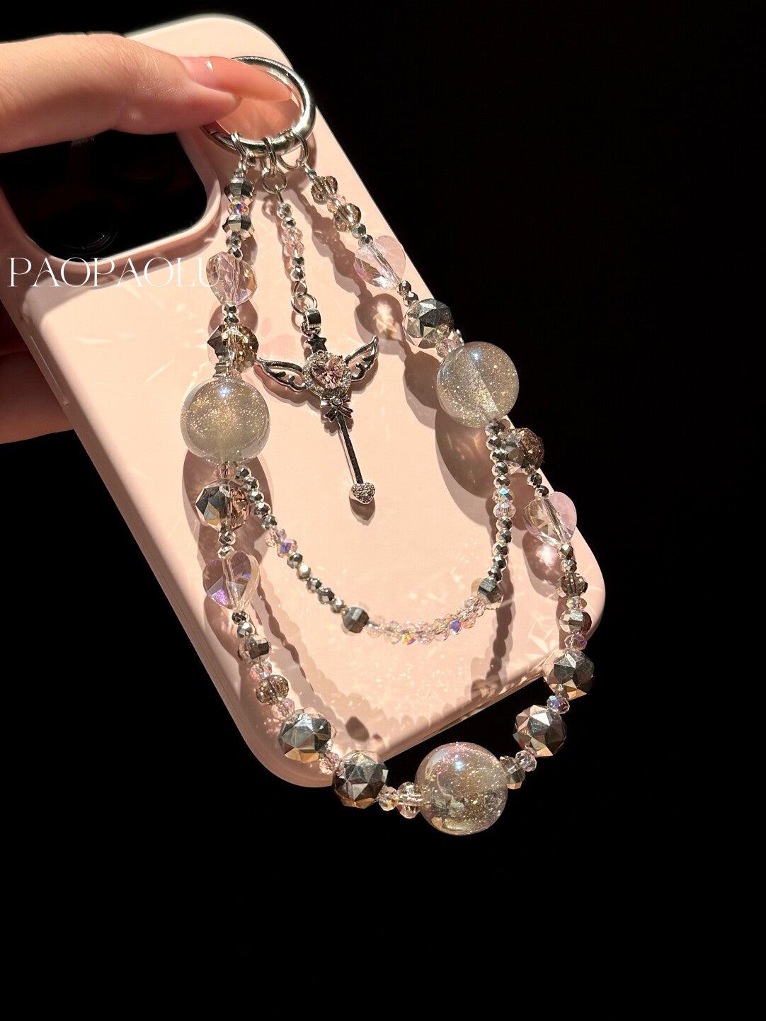 Angel Heart Pink Gray Sparkly Beaded Phone Charm