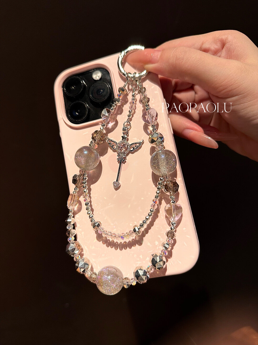 Angel Heart Pink Gray Sparkly Beaded Phone Charm