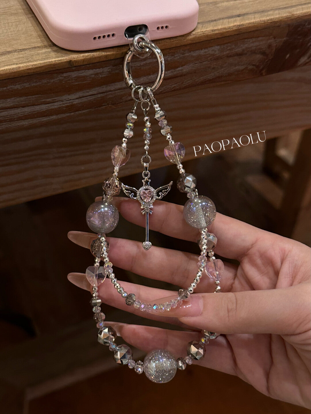 Angel Heart Pink Gray Sparkly Beaded Phone Charm