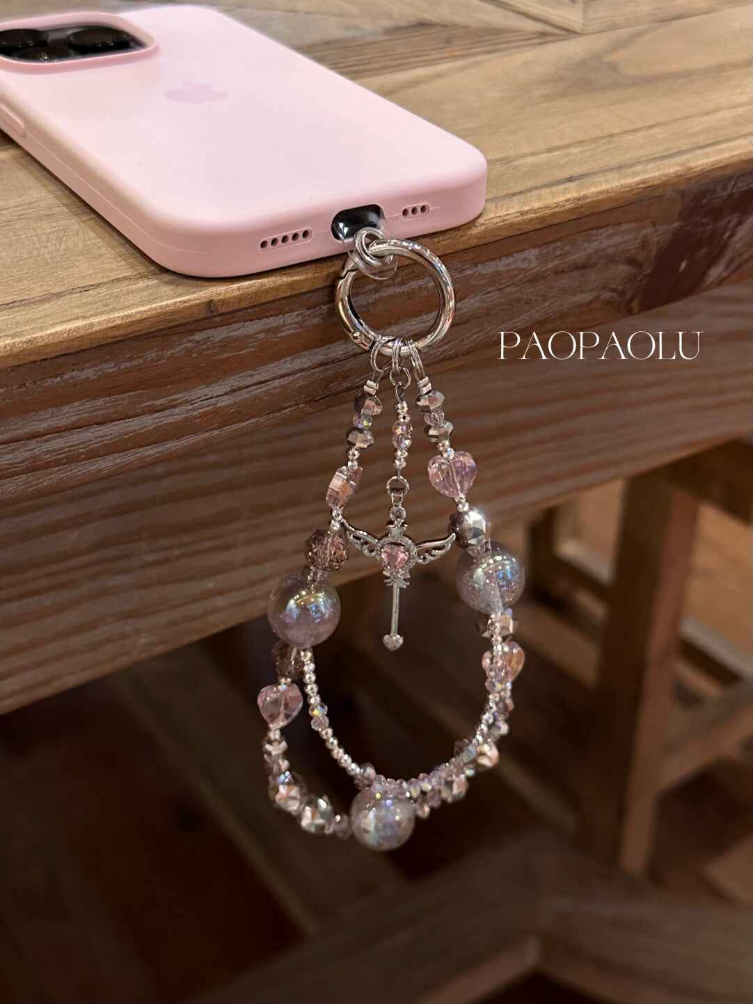 Angel Heart Pink Gray Sparkly Beaded Phone Charm