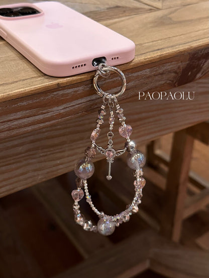 Angel Heart Pink Gray Sparkly Beaded Phone Charm