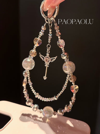 Angel Heart Pink Gray Sparkly Beaded Phone Charm