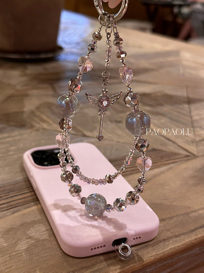 Angel Heart Pink Gray Sparkly Beaded Phone Charm