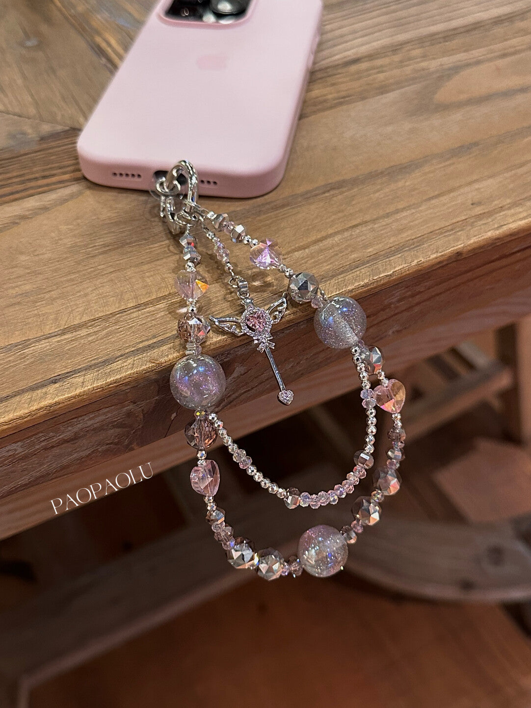 Angel Heart Pink Gray Sparkly Beaded Phone Charm