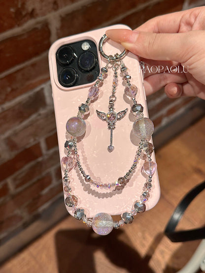 Angel Heart Pink Gray Sparkly Beaded Phone Charm