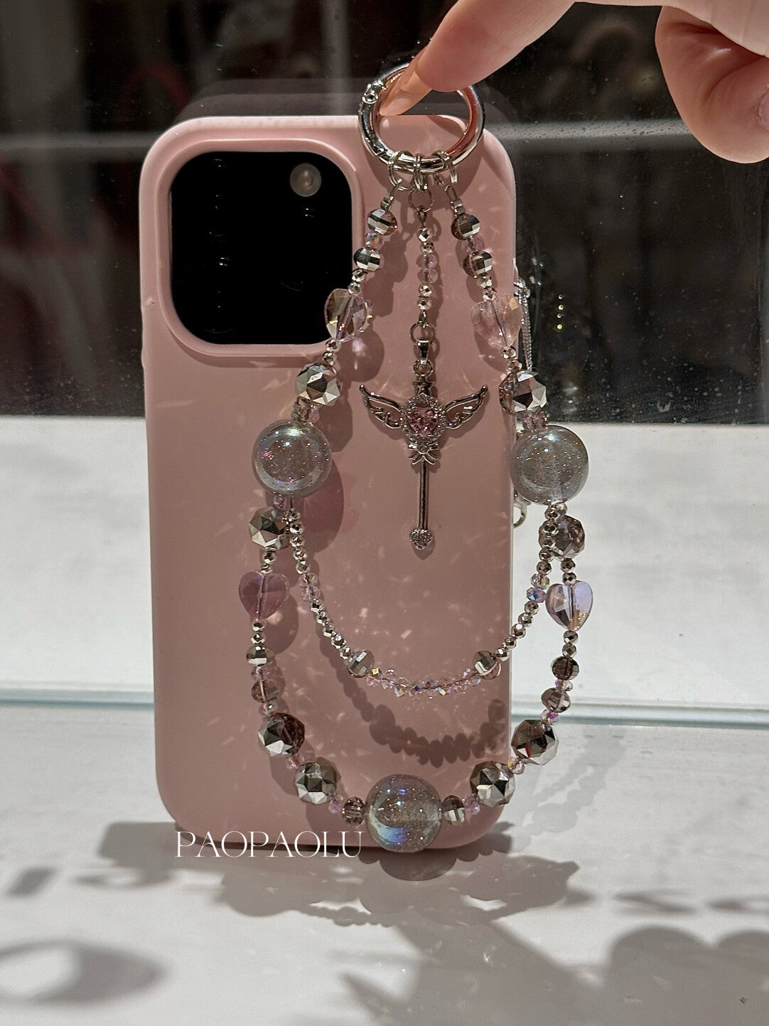 Angel Heart Pink Gray Sparkly Beaded Phone Charm