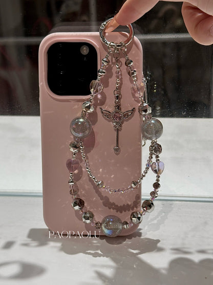 Angel Heart Pink Gray Sparkly Beaded Phone Charm