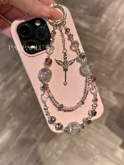 Angel Heart Pink Gray Sparkly Beaded Phone Charm