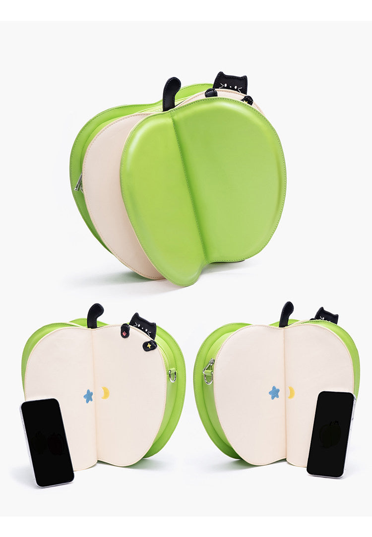 Apple-Shaped Flip Cover Cat Embroidered Backpack | Bag | Three Fleas