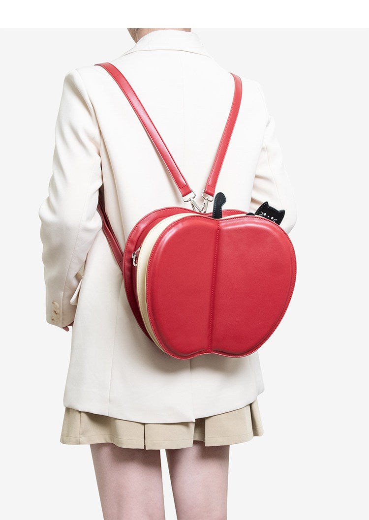 Apple-Shaped Flip Cover Cat Embroidered Backpack | Bag | Three Fleas