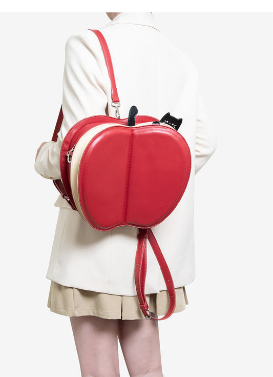 Apple-Shaped Flip Cover Cat Embroidered Backpack | Bag | Three Fleas