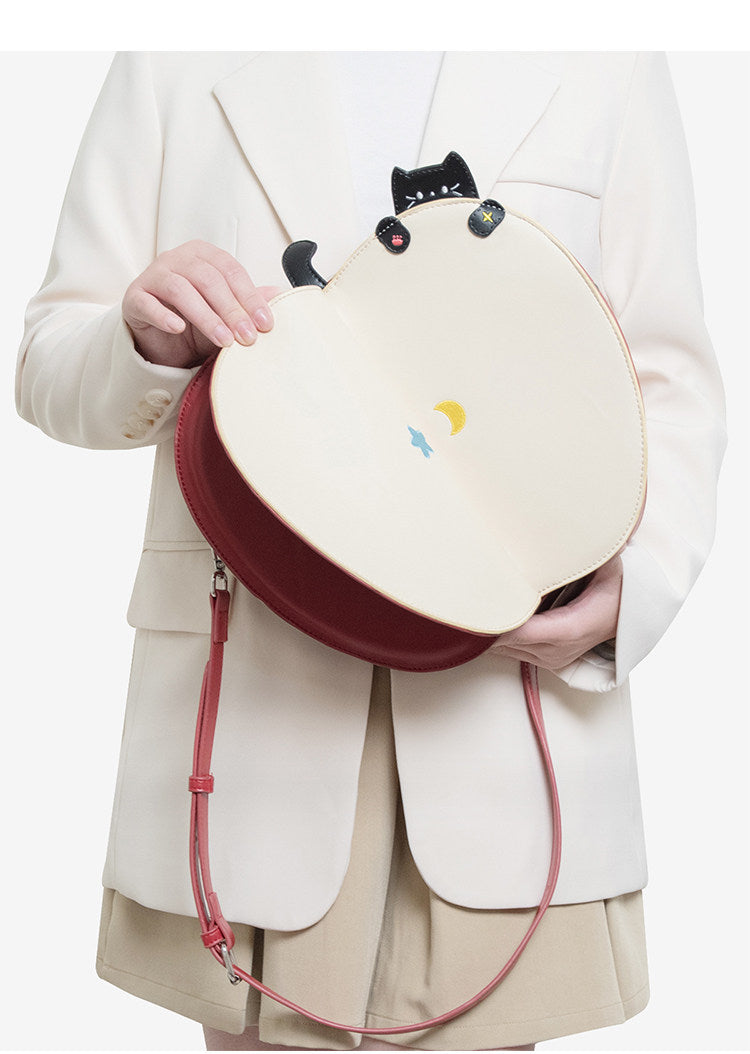 Apple-Shaped Flip Cover Cat Embroidered Backpack | Bag | Three Fleas