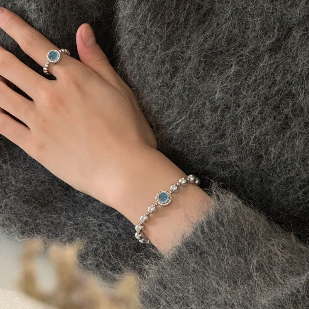 Aquamarine Grey Pearl Ring Bracelet Set