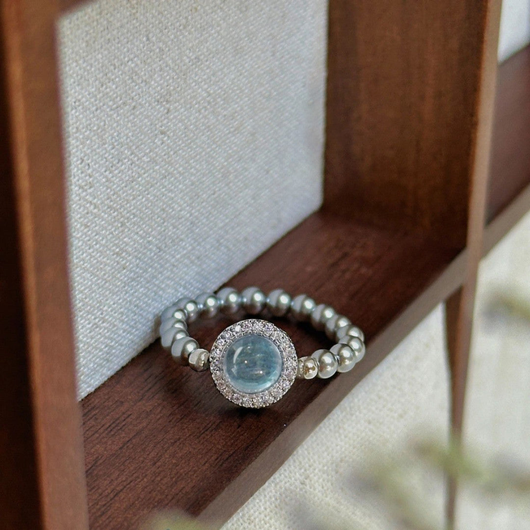 Aquamarine Grey Pearl Ring Bracelet Set