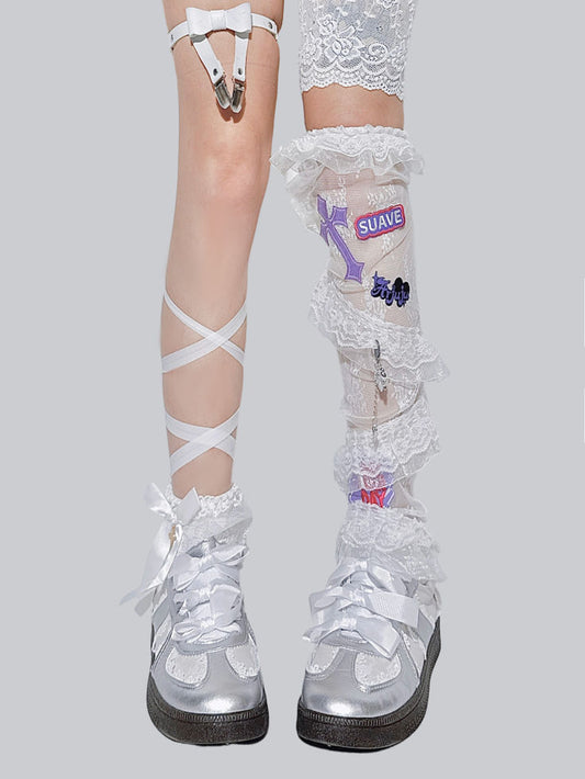Asymmetrical Lace Strap Thigh-High Socks | Socks | Three Fleas