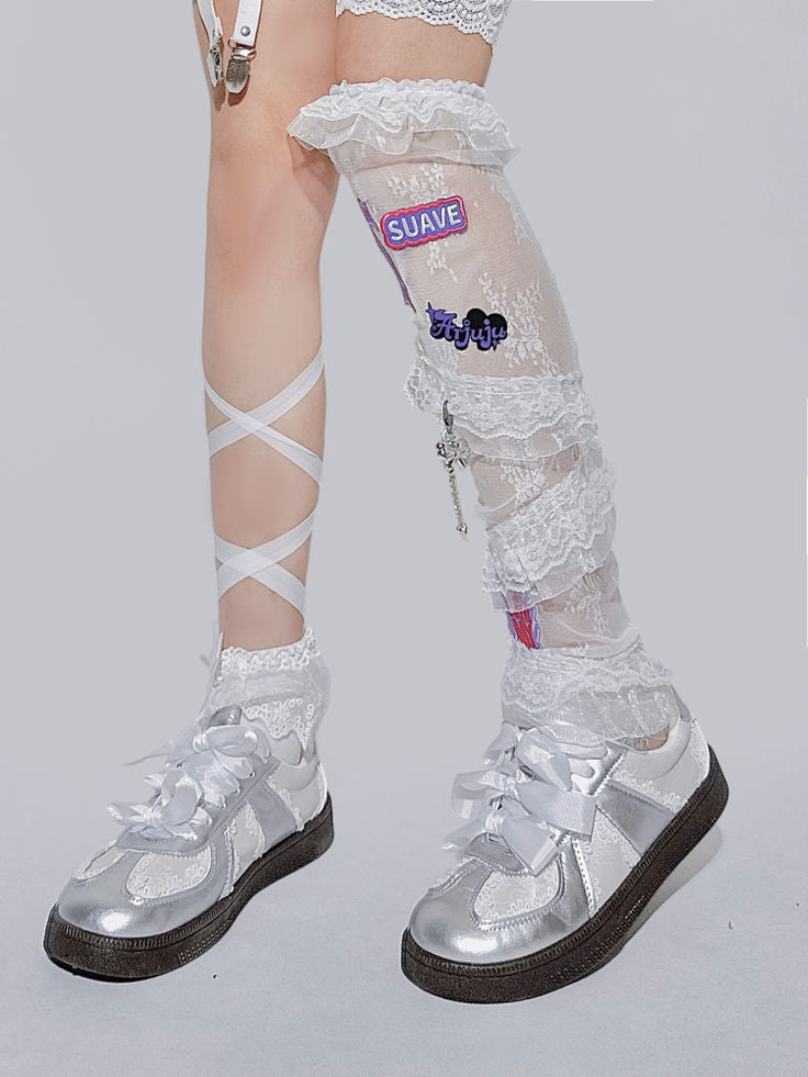 Asymmetrical Lace Strap Thigh-High Socks | Socks | Three Fleas