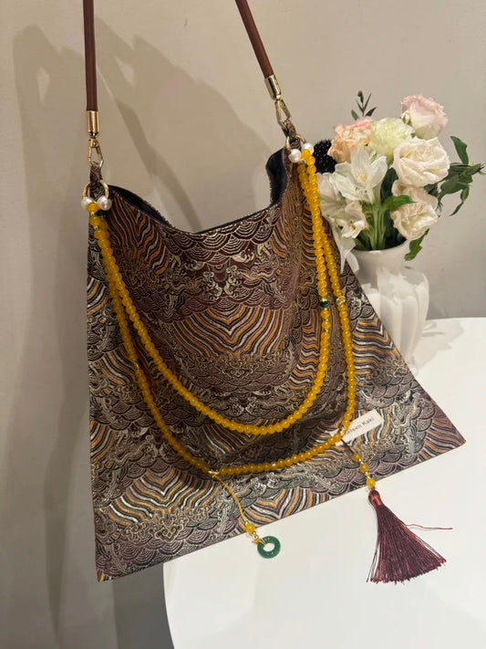 [Chinoiserie] Tree Rings Beaded Tassel Silk Bag