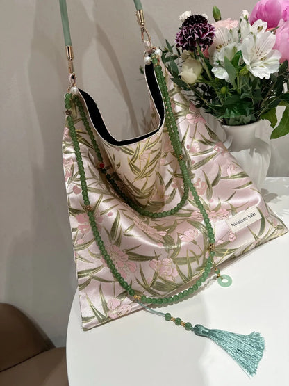 [Chinoiserie] Pink Peach Blossom Bamboo Leaf Beaded Tassel Silk Bag