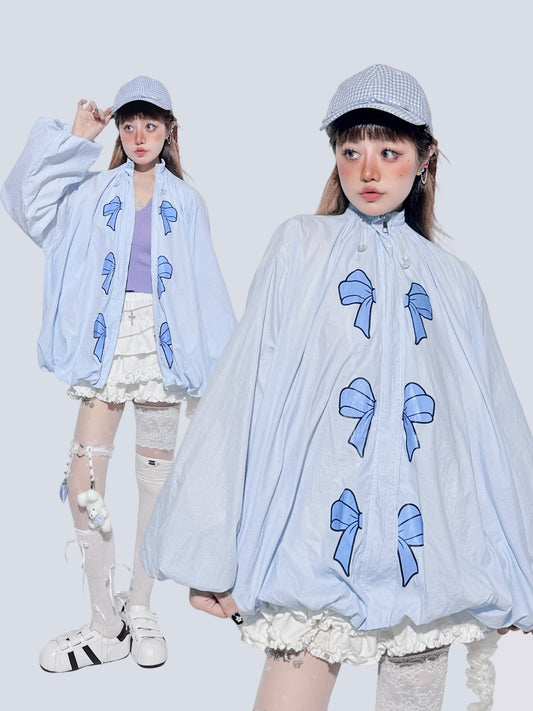 Baby Blue Bow Puff Sleeve Jacket