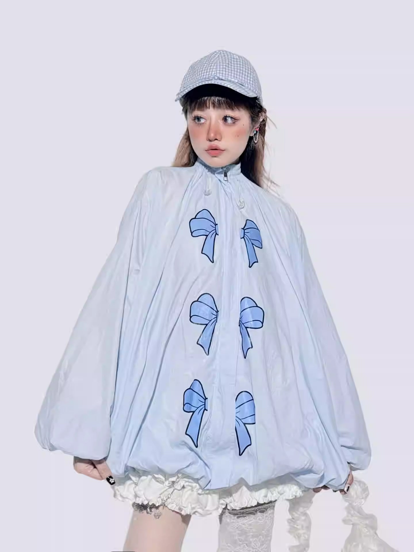 Baby Blue Bow Puff Sleeve Jacket