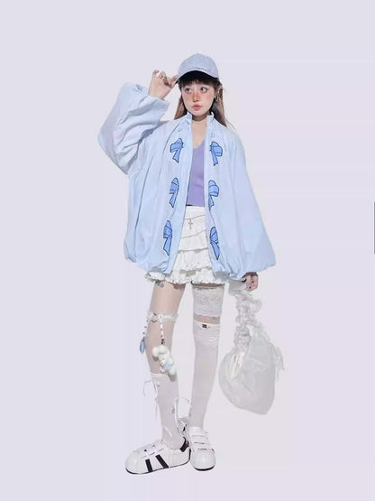 Baby Blue Bow Puff Sleeve Jacket
