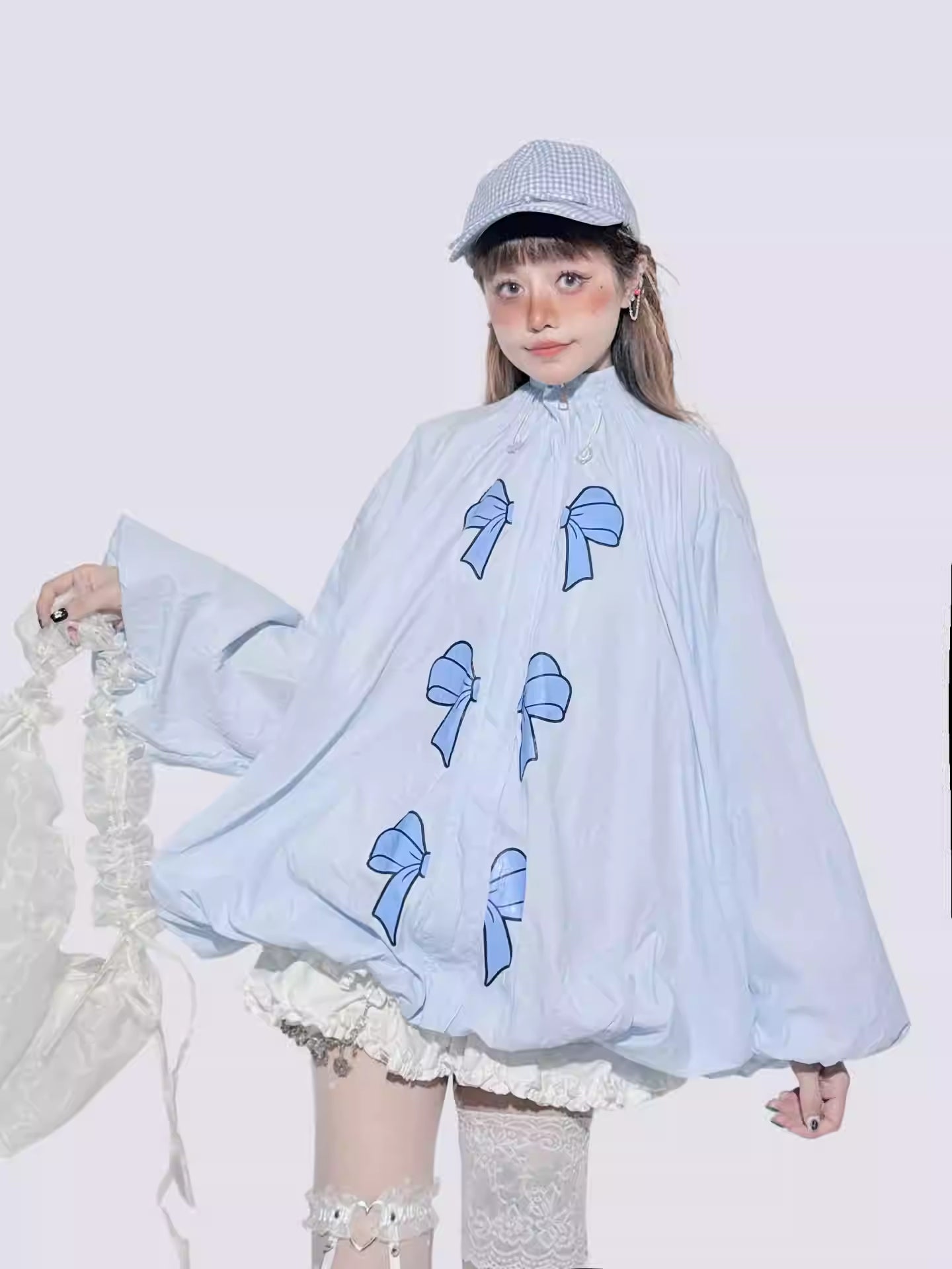 Baby Blue Bow Puff Sleeve Jacket