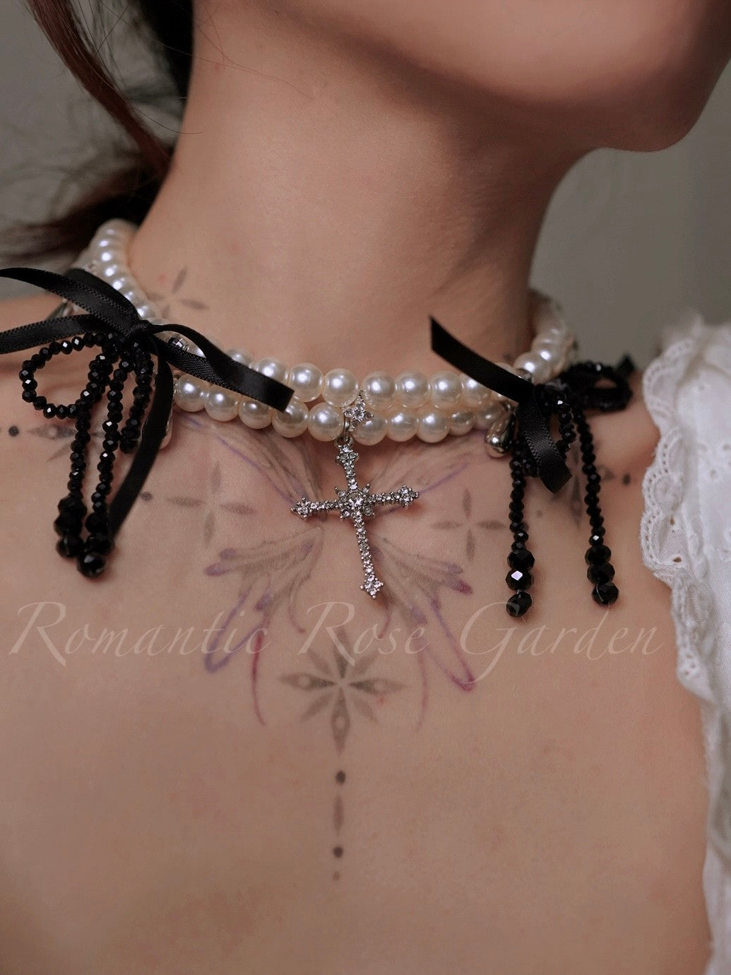 Ballet Black Bow Double Strand Pearl Choker