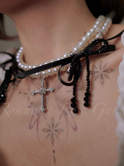 Ballet Black Bow Double Strand Pearl Choker