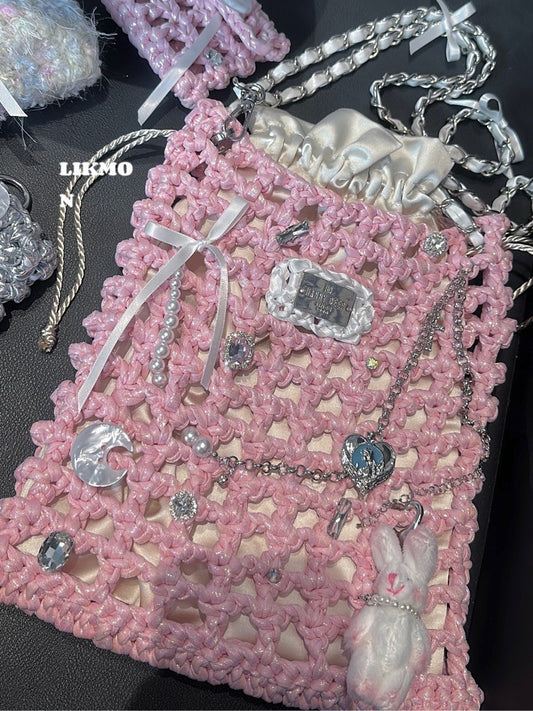 Ballet Pink Crochet Drawstring Crossbody Bag