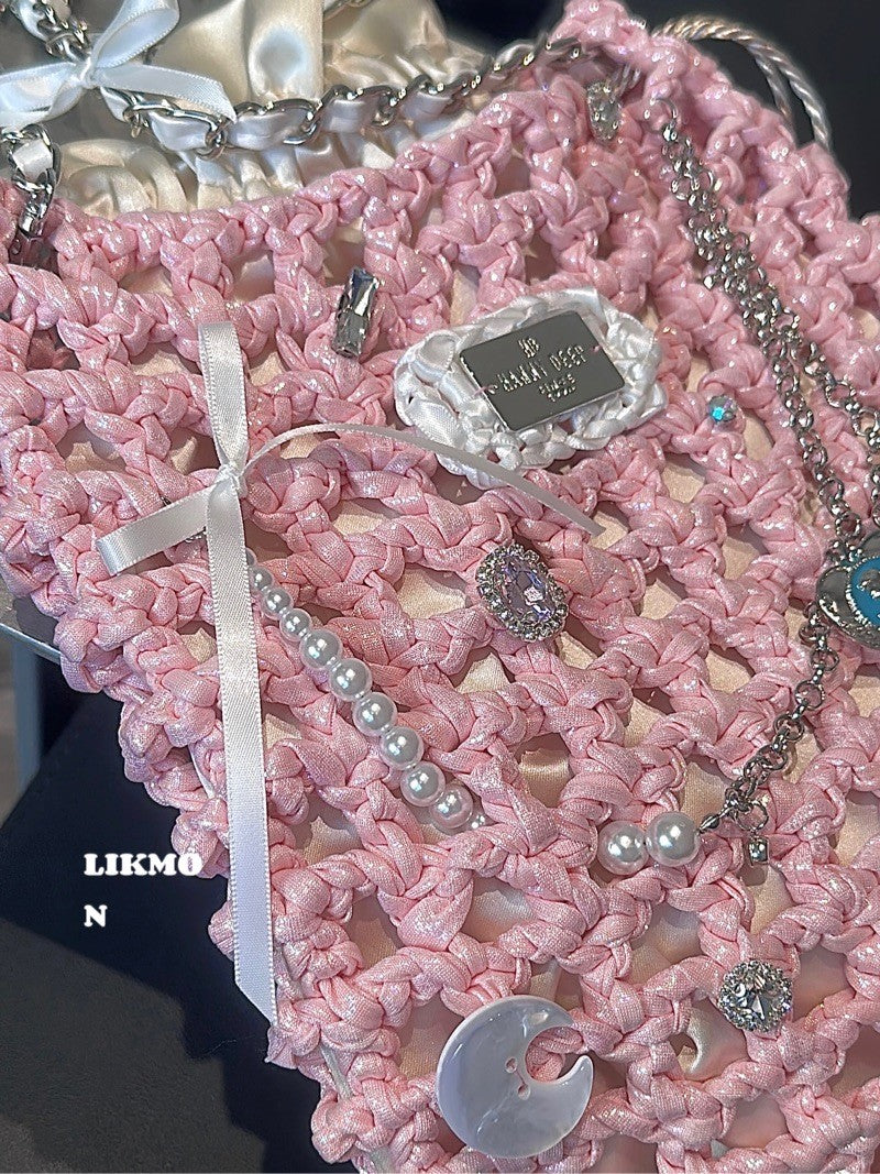 Ballet Pink Crochet Drawstring Crossbody Bag