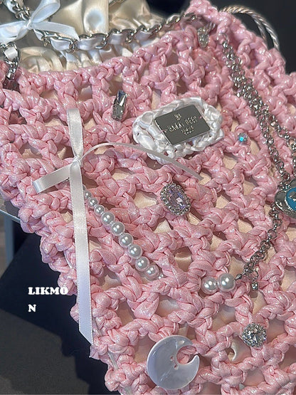 Ballet Pink Crochet Drawstring Crossbody Bag