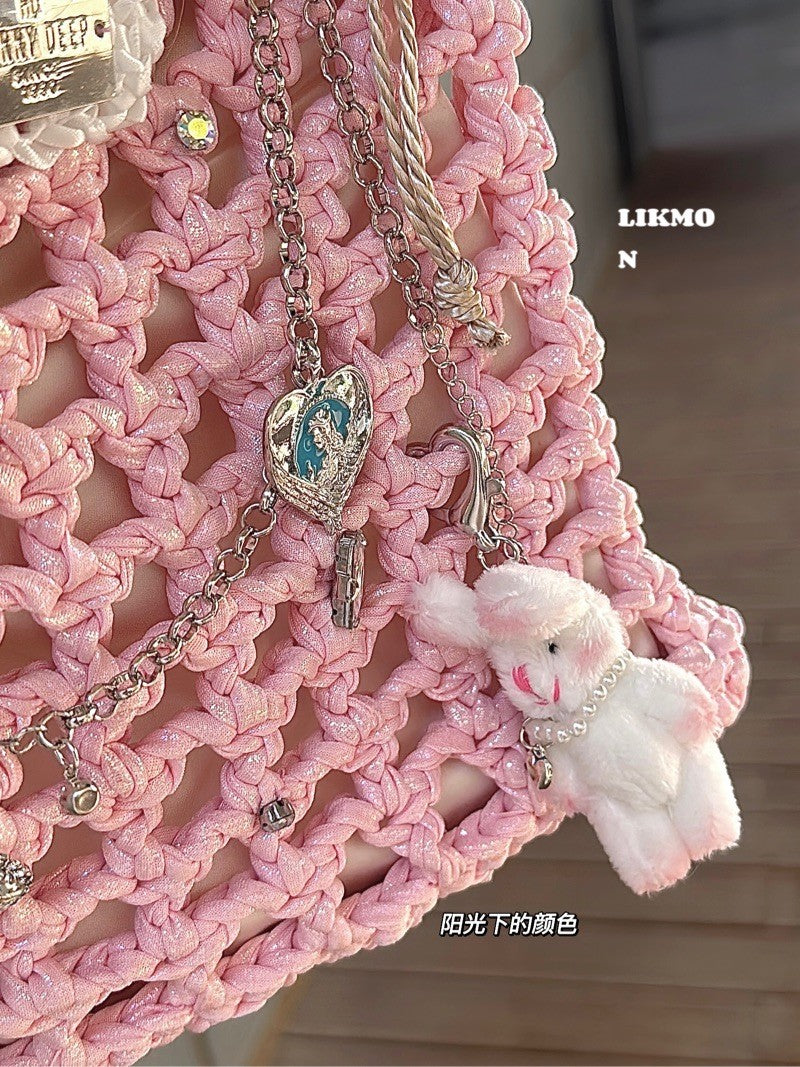 Ballet Pink Crochet Drawstring Crossbody Bag