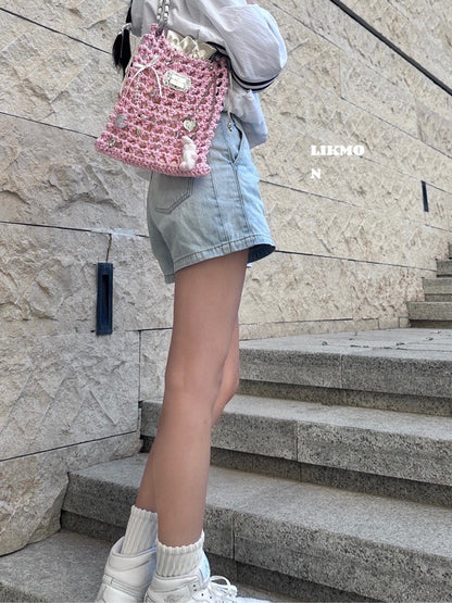 Ballet Pink Crochet Drawstring Crossbody Bag