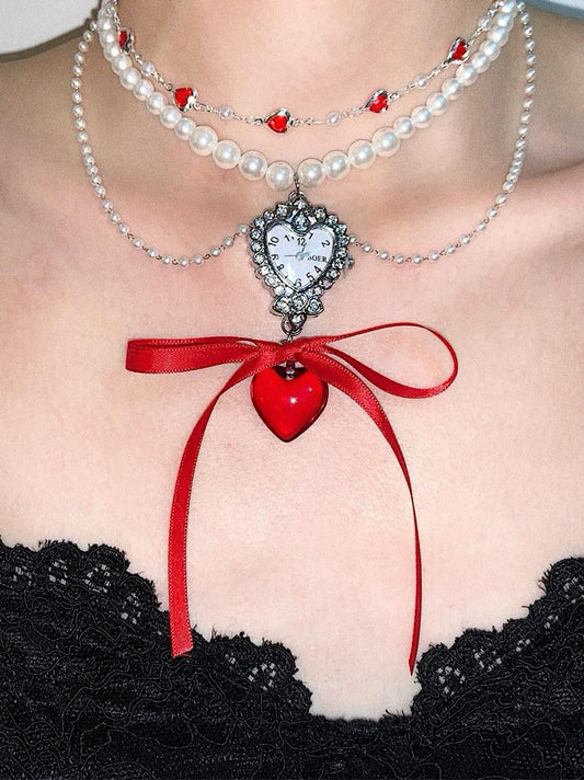 Ballet Red Heart Pendant Pearl Beaded Choker