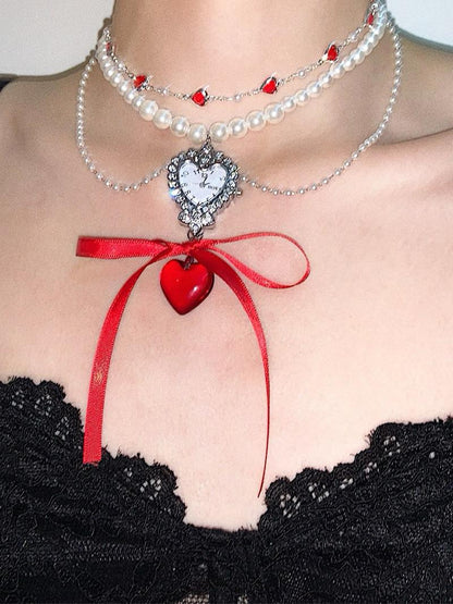 Ballet Red Heart Pendant Pearl Beaded Choker