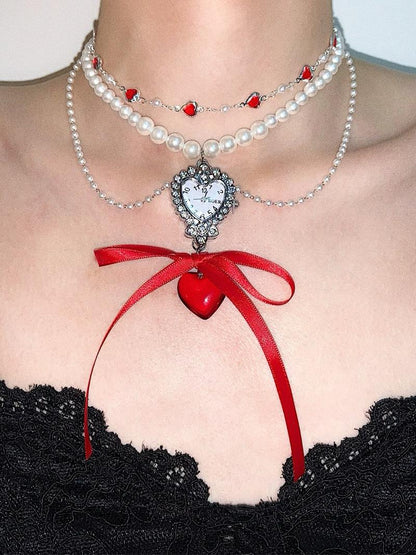 Ballet Red Heart Pendant Pearl Beaded Choker