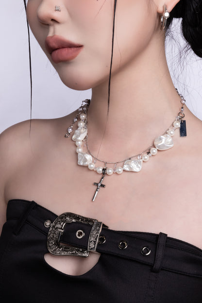 Baroque Pearl Cross Charm Necklace