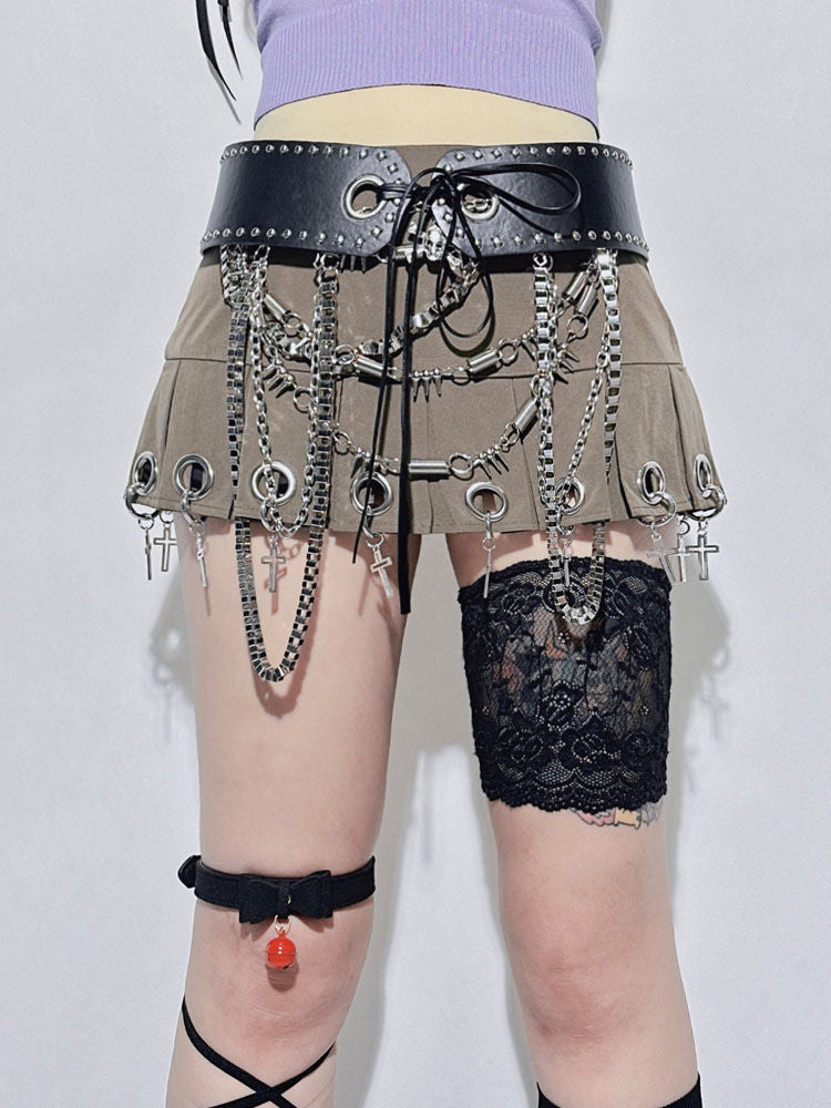 Belted Chain Pleated Mini Skirt