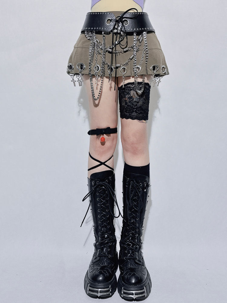 Belted Chain Pleated Mini Skirt
