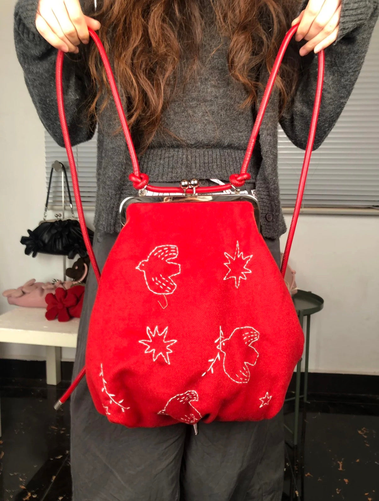 Bird Embroidered Kiss Lock Backpack
