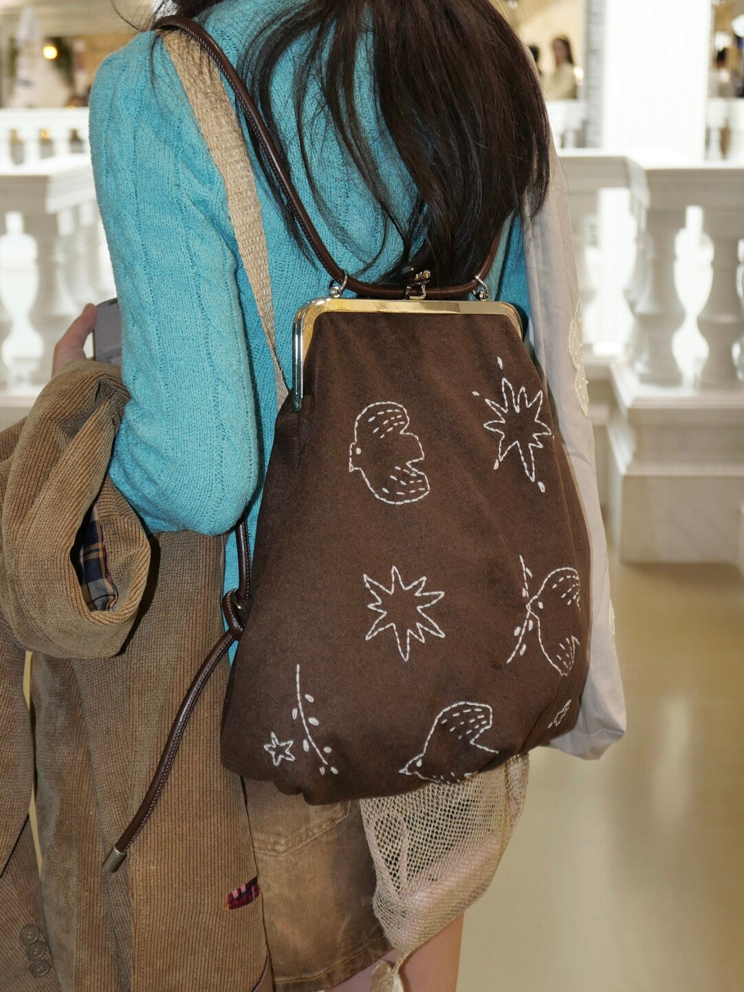Bird Embroidered Kiss Lock Backpack