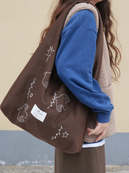 Bird Embroidered Soft Shoulder Bag