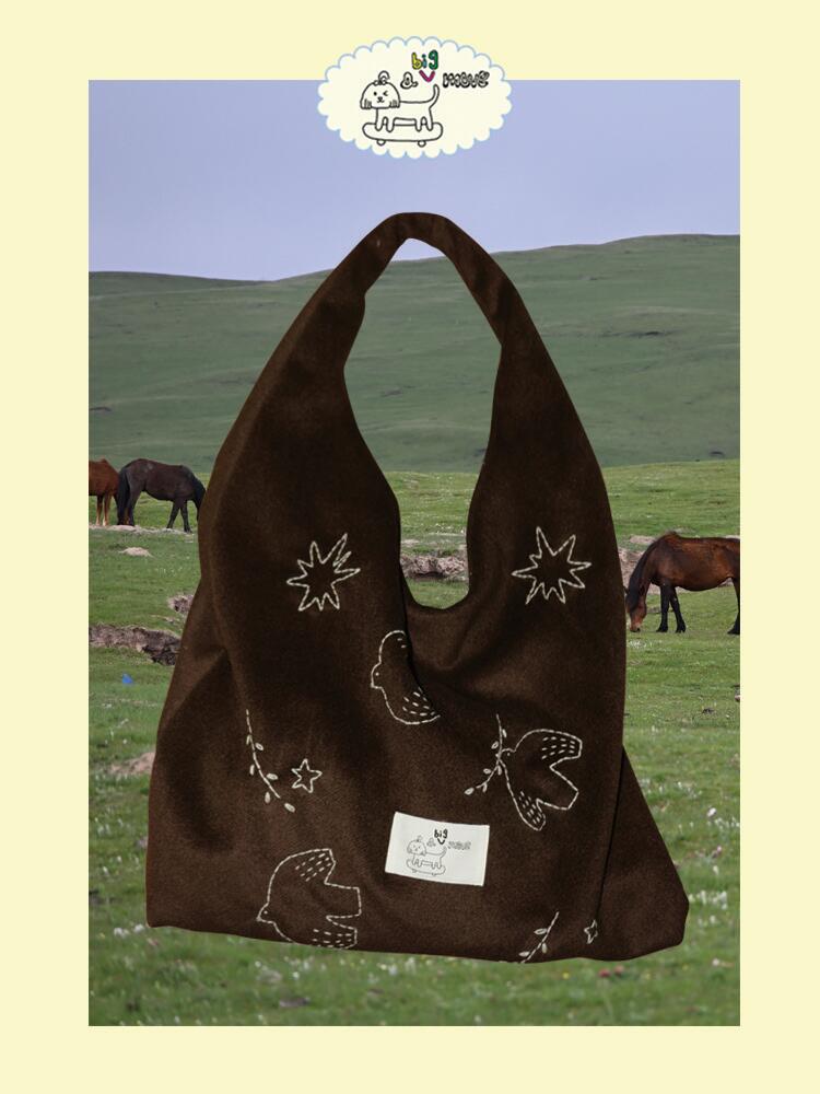 Bird Embroidered Soft Shoulder Bag