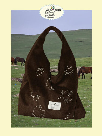 Bird Embroidered Soft Shoulder Bag