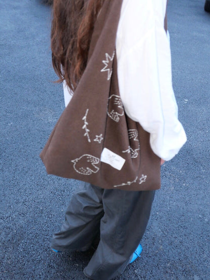 Bird Embroidered Soft Shoulder Bag