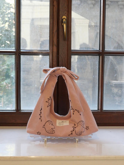 Bird Embroidered Tie-Strap Soft Shoulder Crossbody Bag